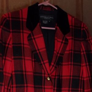 Adrienne Vittadini Collection Red and Black Wool /& Velvet Plaid Blazer Very Equestrian